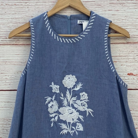 NWT Zara Blue Chambray Embroidered Tent Mini Dress Sz S - Picture 5 of 16
